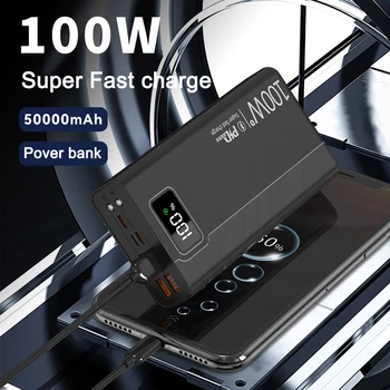 100 Вт Power Bank, 50000mAh, 4 USB, сверхбыстрая зарядка, портативный Powerbank для Huawei iPhone 14, Внешнее зарядное устройство Xiaomi, Новое