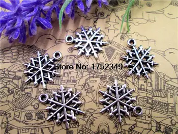 100шт-Снежинка из старинного тибетского серебра, двухсторонние подвески-шармы в виде снежинок 15x20 мм