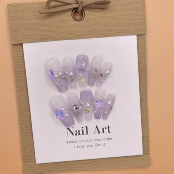 10шт Градиентных фиолетовых ногтей ручной работы, длинные ногти, акриловые накладные ногти с бриллиантами, балетные искусственные ногти в корейском стиле