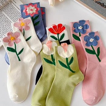 2 пары женских носков в Японско-корейском стиле с мультяшным цветком карамельного цвета Harajuku Kawaii Носки средней длины Дышащие Повседневные Короткие Носки