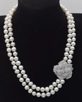 2 ряда, пресноводный жемчуг, белый, почти круглый, 8-9 мм, 18-19 дюймов, ожерелье, оптовая продажа, подвеска в виде цветка белого циркона