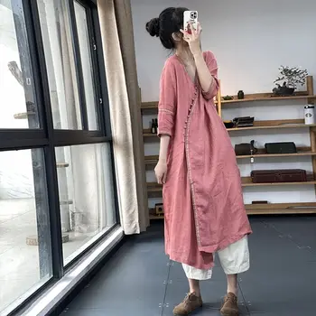 2023 женщины в китайском стиле, ретро-китайская улучшенная хлопчатобумажная длинная блузка чонсам, костюм Тан, хлопчатобумажное льняное винтажное платье чонсам