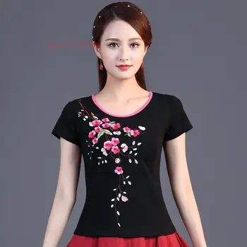 2023 китайская винтажная базовая рубашка с национальной цветочной вышивкой hanfu топы, футболка с круглым вырезом, восточная винтажная этническая рубашка, уличная одежда