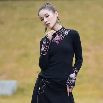 2023 китайская традиционная рубашка с воротником-стойкой, женская этническая рубашка с национальной цветочной вышивкой, винтажная базовая рубашка с флисовой подкладкой в стиле ретро