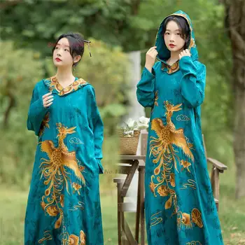 2023 китайский длинный халат vintag, национальная куртка с вышивкой феникса, верхняя одежда, женский костюм тан, традиционная куртка-ветровка с капюшоном