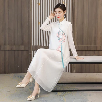 2023 Китайское винтажное шифоновое платье с вышивкой, элегантное винтажное платье, женское свободное женское белое платье qi pao, женское платье tea art dress a653