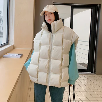 2023 Корейский модный пуховик с хлопковой подкладкой, свободный теплый толстый жилет на молнии, осенне-зимние куртки без рукавов для женщин