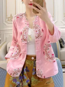 2023 лето, новый китайский стиль, женская традиционная блузка hanfu с длинными рукавами, женская винтажная блузка с вышивкой, женская повседневная блузка