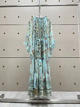 2023 новое женское модное шифоновое платье с длинным рукавом и круглым вырезом и принтом 0608