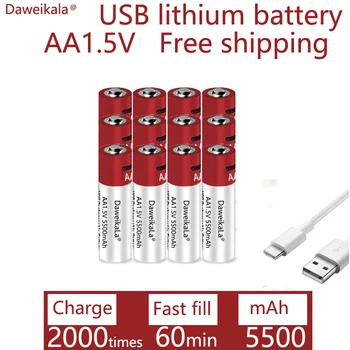 2023 Новые USB AA Аккумуляторные батареи 1,5 В 5500 мАч литий-ионный аккумулятор для дистанционного управления мышью Электрический игрушечный аккумулятор + Кабель Type-C