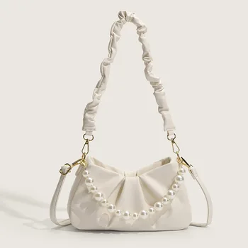 2023 Новый нишевый дизайн Женская простая жемчужная однотонная сумка подмышками, Высококачественные плиссированные сумки-мессенджеры на одно плечо, сумочка