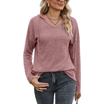 2023 Осенне-зимняя женская новая модная повседневная однотонная футболка с V-образным вырезом и капюшоном с длинным рукавом, удобная универсальная футболка с подкладкой