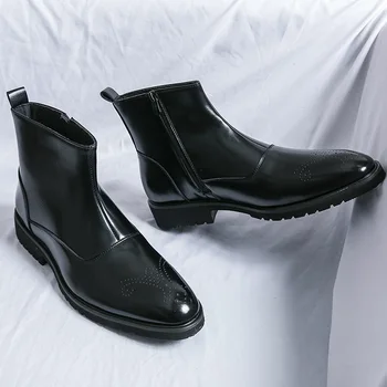 2023 Осень-зима, Черные Элегантные Мужские модельные туфли из натуральной кожи, Удобные офисные туфли с острым носком, Мужские Официальные ботинки Челси