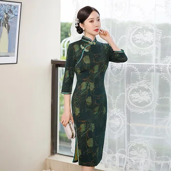 2023 Темно-Зеленое платье для матери Cheongsam с цветочным рисунком, Плюс Размер Средней длины, Винтажные Женские платья Qipao в Китайском стиле, Новинка, Костюм