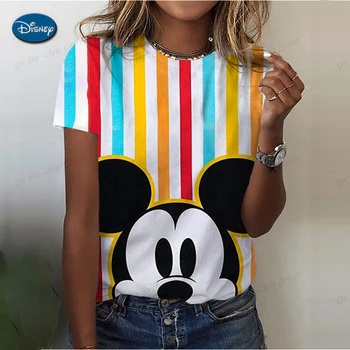 2024 Женская футболка, Повседневные Топы С короткими Рукавами, Принт Disney Minnie Mickey Mouse, Женская Нижняя Футболка Большого Размера, Летняя Одежда