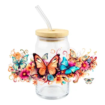 3D наклейка для переноса пленки на 16 унций Libby Glass Design Butterfly Cup Обертывания, Наклейка на Водонепроницаемую кружку, УФ-наклейки DTF Оптом