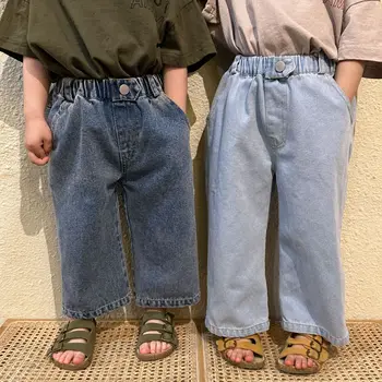 4733C Детские брюки 2023 Новые весенне-осенние джинсовые брюки для мальчиков, мягкие джинсы, свободные повседневные широкие брюки для девочек, прямые брюки