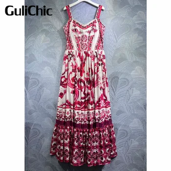 6.10 GuliChic Holiday Модное длинное платье с V-образным вырезом и фарфоровым рисунком на бретельках сзади на резинке для женщин