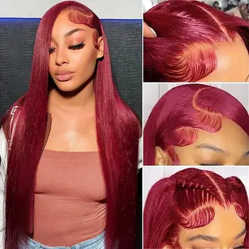 99J Красные кружевные парики из человеческих волос спереди, цветные прямые бордовые 13x4 Прозрачные кружевные парики с фронтальной застежкой, бесклеевые парики для женщин