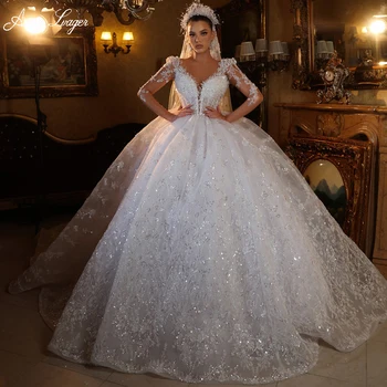 AmyLvager Романтическое бальное платье с круглым вырезом и длинным рукавом, Свадебное платье 2023, Роскошные аппликации из бисера, вышивка, Свадебное платье принцессы