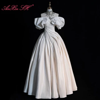 AnXin SH винтажная принцесса из белого атласа с вырезом лодочкой и пышными рукавами, Плиссированное бальное платье для вечеринки на шнуровке, Антикварное свадебное платье невесты