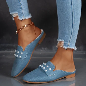 Baotou Наполовину Жемчужные Тапочки Женская Летняя Мода 2023 г. Новая Джинсовая Синяя Обувь На плоской подошве Cool Tow Half Support Single Shoes Lazy Mueller Shoes