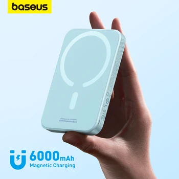 Baseus 20W Magnetic Wireless Charging Power Bank Емкостью 6000 мАч, Нескользящий Силиконовый Корпус диаметром 14,7 мм, Быстрая Зарядка Для iPhone 8-14 Серий