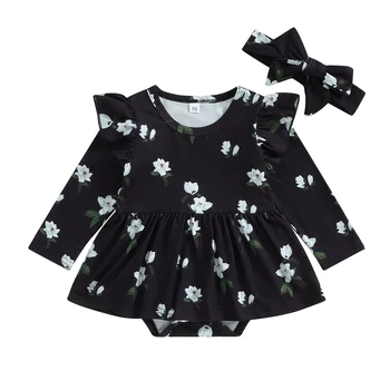 BeQeuewll, осенне-весенняя одежда для маленьких девочек, 2 предмета, юбка с цветочным рисунком, комбинезон для отдыха с повязкой на голову, комплект детской одежды, топы