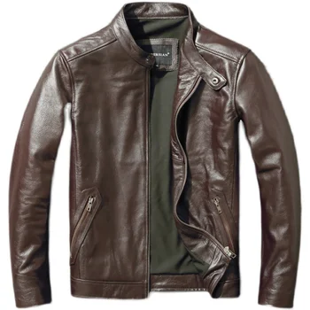 Casual Brown Genuine Leather Jacket for Men Cowhide Coats Slim Fit Spring Atumn Mens Jackets кожаная куртка мужская Jaqueta