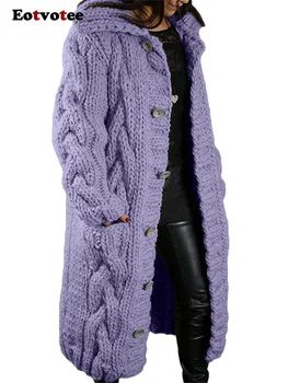 Eotvotee, Однотонный свитер для женщин, Осень-зима 2023, Новый модный Винтажный шикарный свитер с капюшоном, Свободный повседневный свитер на пуговицах.
