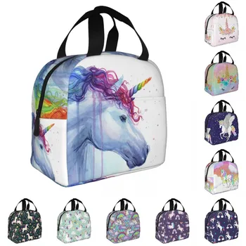 Fiambrera térmica con dibujos de unicornios y arcoíris para mujer, bolsa de almuerzo con aislamiento térmico para niños, escuela