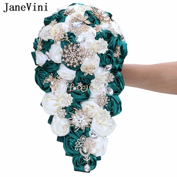 JaneVini 2023 Роскошный Темно-зеленый Свадебный букет цвета слоновой кости с водопадом для невесты из бриллиантового хрусталя Каскадный Букет невесты из атласных цветов