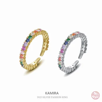 KAMIRA Настоящее серебро 925 Пробы, красочные кольца с цирконом для женщин, роскошный банкет, изысканные ювелирные изделия, Радужные кольца с открытым пальцем