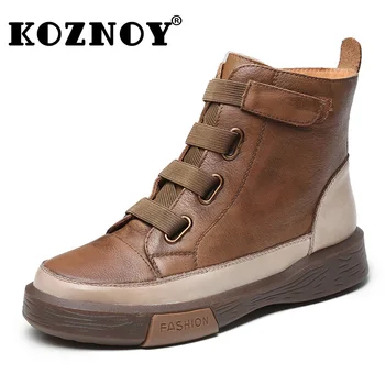 Koznoy, женские зимние ботинки на каблуке, кружевной крючок 3,5 см, винтажные туфли из натуральной коровьей кожи в этническом стиле, осенне-зимние ботильоны Большого размера