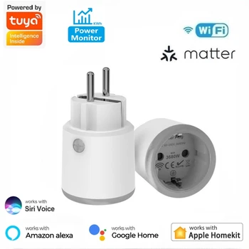 Matter Wifi Smart Plug ЕС Франция Розетка 16A с функцией контроля мощности Работает с Tuya Homekit Alexa Google Home Smartlife