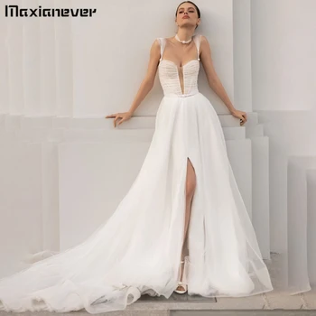 Maxianeve Illusion Ослепительное свадебное платье трапециевидной формы из тюля с изысканным вырезом в виде сердечка, сексуальное платье невесты без рукавов vestido de novia