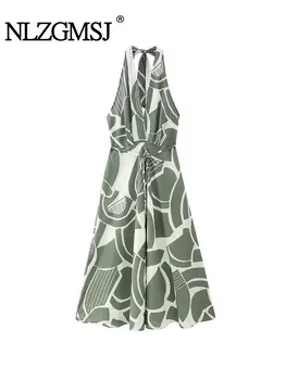 Nlzgmsj TRAF Зеленый Холтер Без рукавов, Плиссированные Простые платья для выпускного вечера с открытой спиной, Пляжное вечернее платье для вечеринок 2023