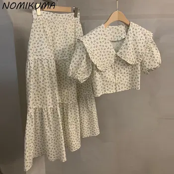 Nomikuma Весна-лето 2023, Новая Корейская элегантная модная рубашка с коротким рукавом + Высокая юбка трапециевидной формы, Женские комплекты из двух предметов с цветочным рисунком.