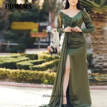 PDMCMS Оливково-зеленые атласные вечерние платья для выпускного вечера трапециевидной формы с V-образным вырезом, аппликацией из бисера, вечерние платья в Дубае, Изящное платье длиной до пола с разрезом