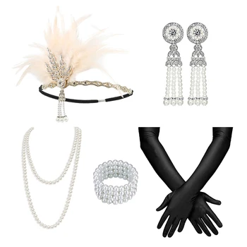 PESENAR Комплект украшений для мальчишника в винтажном стиле 1920-х годов, повязка на голову, ожерелье, Сигаретный стержень, Перчатки, Винтажный набор из 5 предметов, Женская вечеринка