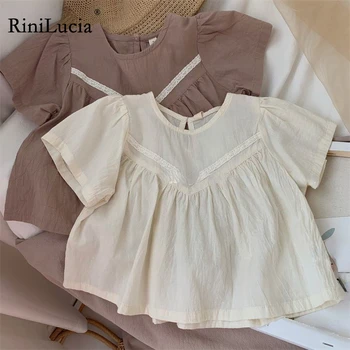 RiniLucia, новые детские рубашки для девочек, модные кружевные блузки для девочек с коротким рукавом, Детские топы 2023, Летняя Детская одежда для детей