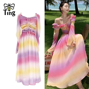 Tingfly Женское летнее модное повседневное платье Миди Трапециевидной формы с рюшами градиентного цвета в богемном стиле