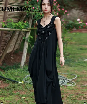 UMI MAO В китайском стиле, Темное лоскутное платье на бретелях, Элегантное женское летнее платье в новом стиле Ретро, Тонкая Свободная Длинная юбка