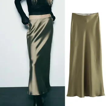 UNIZERA 2023 Осенняя Новая Женская одежда в Европейском и Американском стиле, Шелковая Атласная юбка с высокой талией 8632845