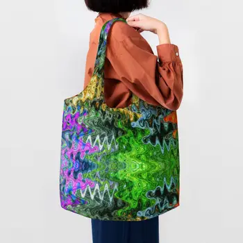 Абстрактные сумки для покупок из зигзагообразного холста с принтом, сумка для покупок через плечо, большая вместительная моющаяся Богемная геометрическая сумка