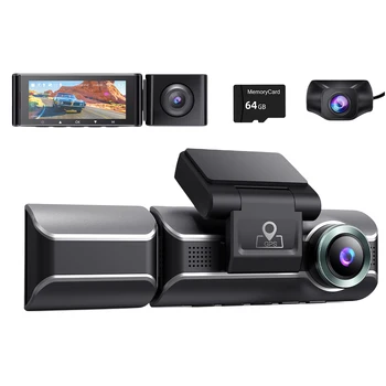 Автоматическая Видеокамера Обнаружения Движения 4K + 1080p, 3-Канальный Автомобильный Видеорегистратор, G-Сенсор, Встроенный WiFi GPS с SD-картой 64 ГБ/128 ГБ, ИК-Ночное Видение
