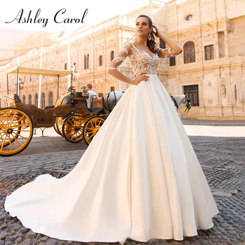 Бальное платье Эшли Кэрол, Свадебные платья 2023, Аппликации из бисера, Атласное Свадебное платье Невесты с длинным рукавом, Vestidos De Novia