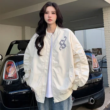 Бейсбольная куртка Женская Корейская модная однотонная униформа-бомбер в стиле колледжа с вышитыми буквами, осеннее свободное повседневное пальто