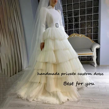 Белые Свадебные платья принцессы трапециевидной формы из атласного тюля с длинным рукавом и высоким воротом, винтажные свадебные платья для церковной свадьбы по индивидуальному заказу
