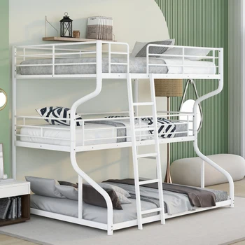 Белый полный размер XL поверх Twin XL поверх Queen Size, трехъярусная кровать с длинной и короткой лестницей, для мебели для спальни в помещении